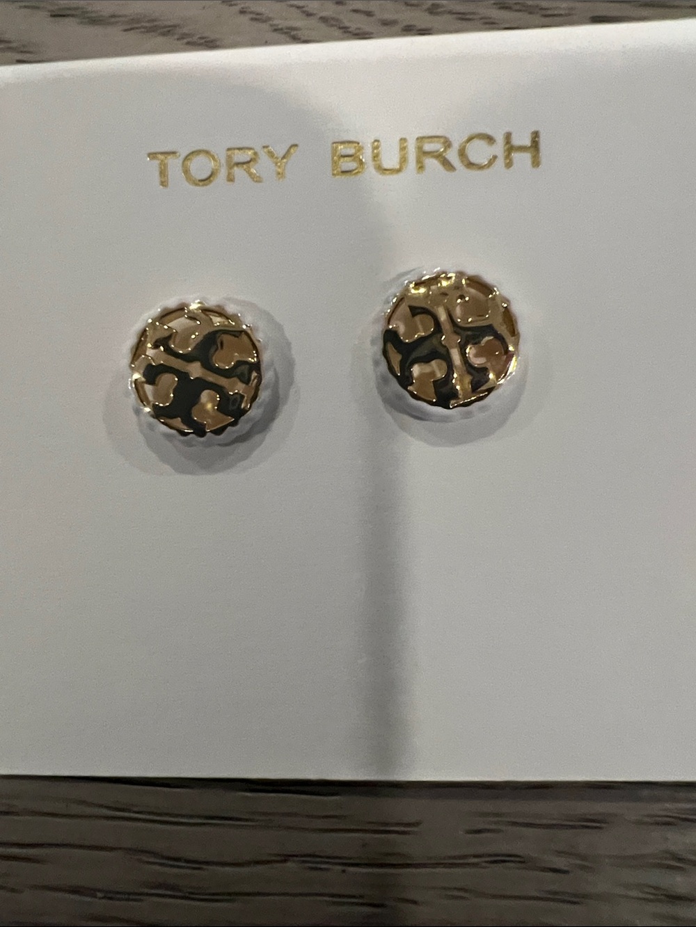 Tory Burch Gold and Black Logo Round Stud Earrings